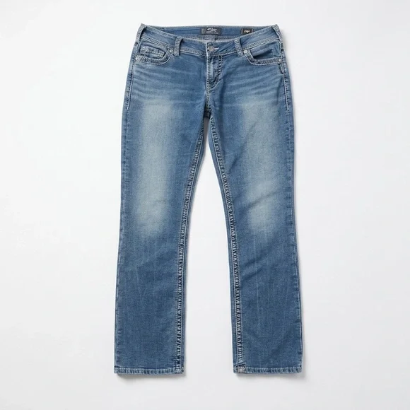 SILVER JEANS Suki Mid Straight Joga Hybrid Denim Blue Knit Flex Curvy Jean 34X32 - Picture 1 of 10